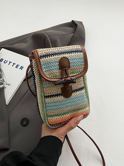 Colorful Boho Chic Woven Straw Crossbody Bag - Colourful Striped Mini Phone Pouch with Toggle Closure - Image 4