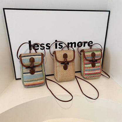 Blue And Khaki Boho Chic Woven Straw Crossbody Bag - Colourful Striped Mini Phone Pouch with Toggle Closure - Image 2