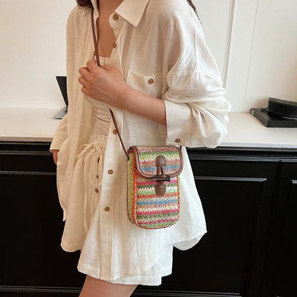 Blue And Khaki Boho Chic Woven Straw Crossbody Bag - Colourful Striped Mini Phone Pouch with Toggle Closure - Image 3