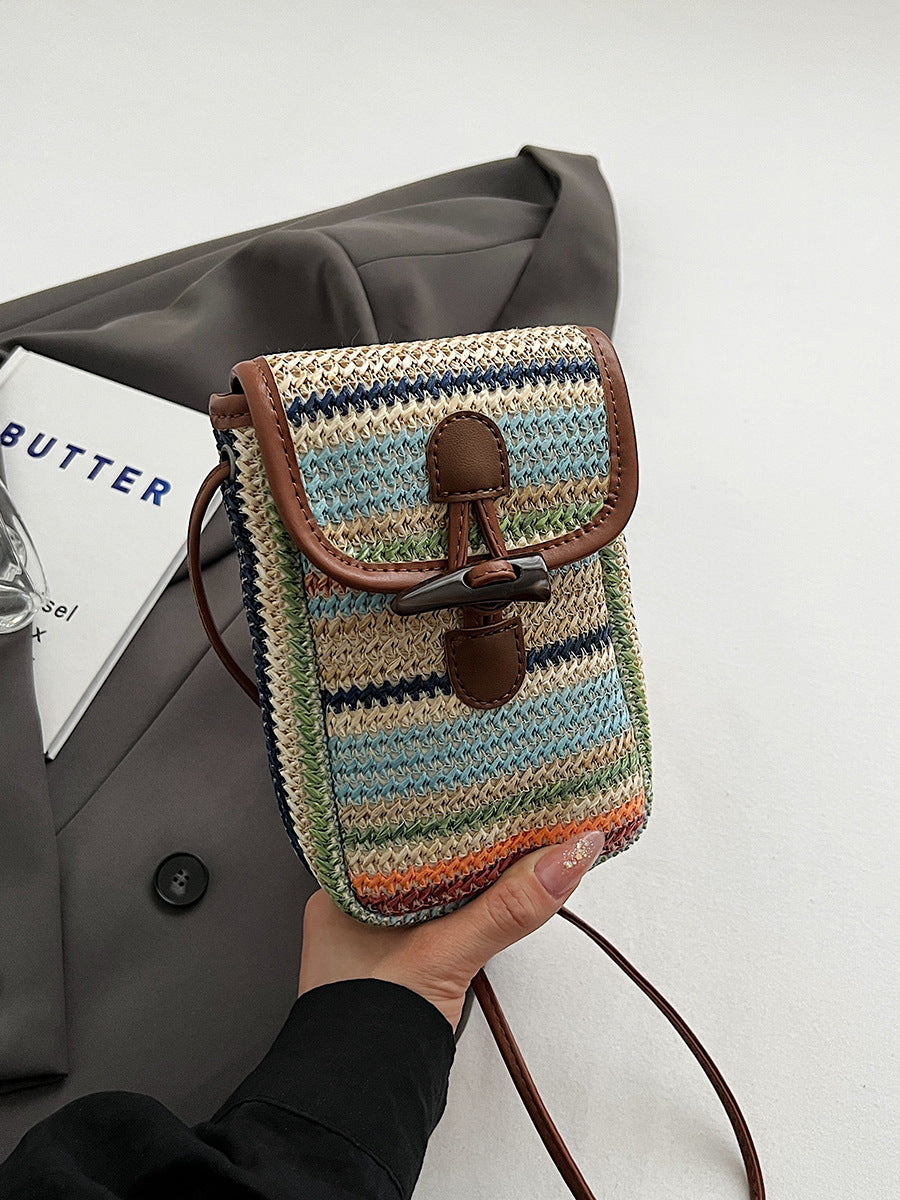 Khaki Boho Chic Woven Straw Crossbody Bag - Colourful Striped Mini Phone Pouch with Toggle Closure - Image 4