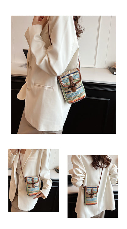 Khaki Boho Chic Woven Straw Crossbody Bag - Colourful Striped Mini Phone Pouch with Toggle Closure - Image 5