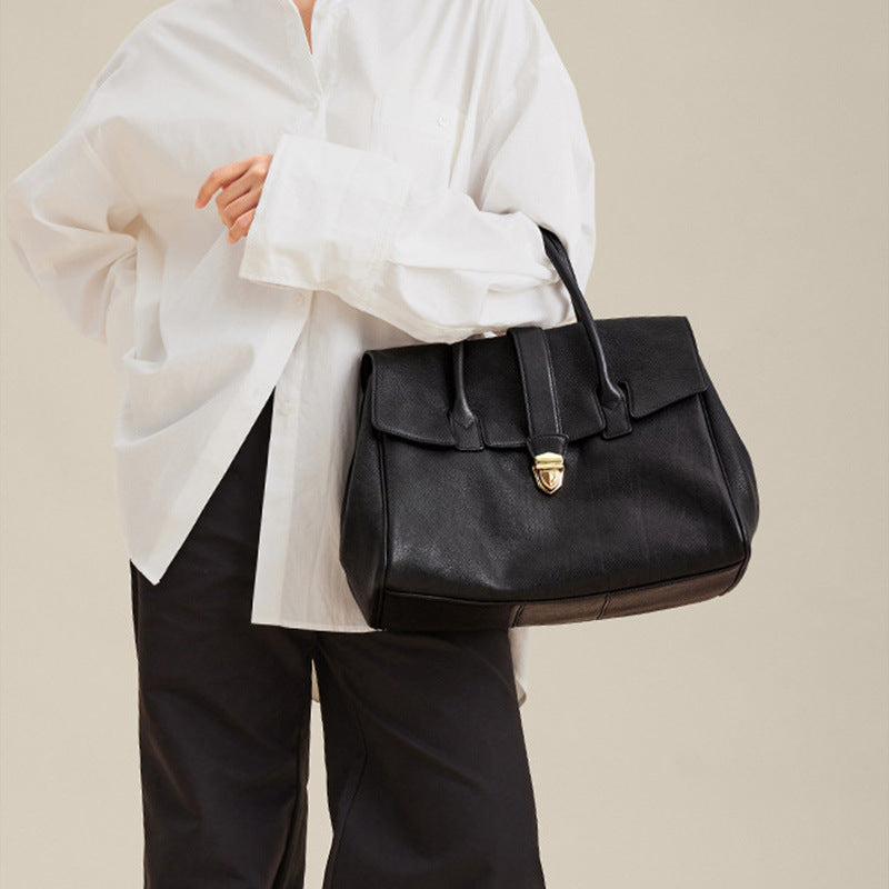 Size XL Coffee Elegant Women's Leather Briefcase Tote - Vintage Style Large Capacity Commuter Handbag - Premium Cowhide Leather - Image 2