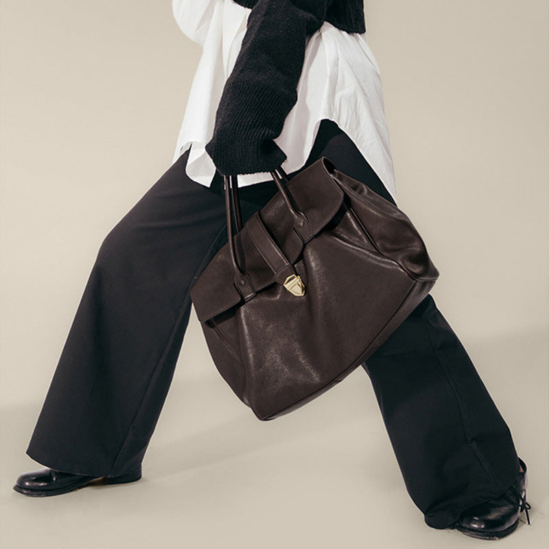 Size XL Coffee Elegant Women's Leather Briefcase Tote - Vintage Style Large Capacity Commuter Handbag - Premium Cowhide Leather - Image 4