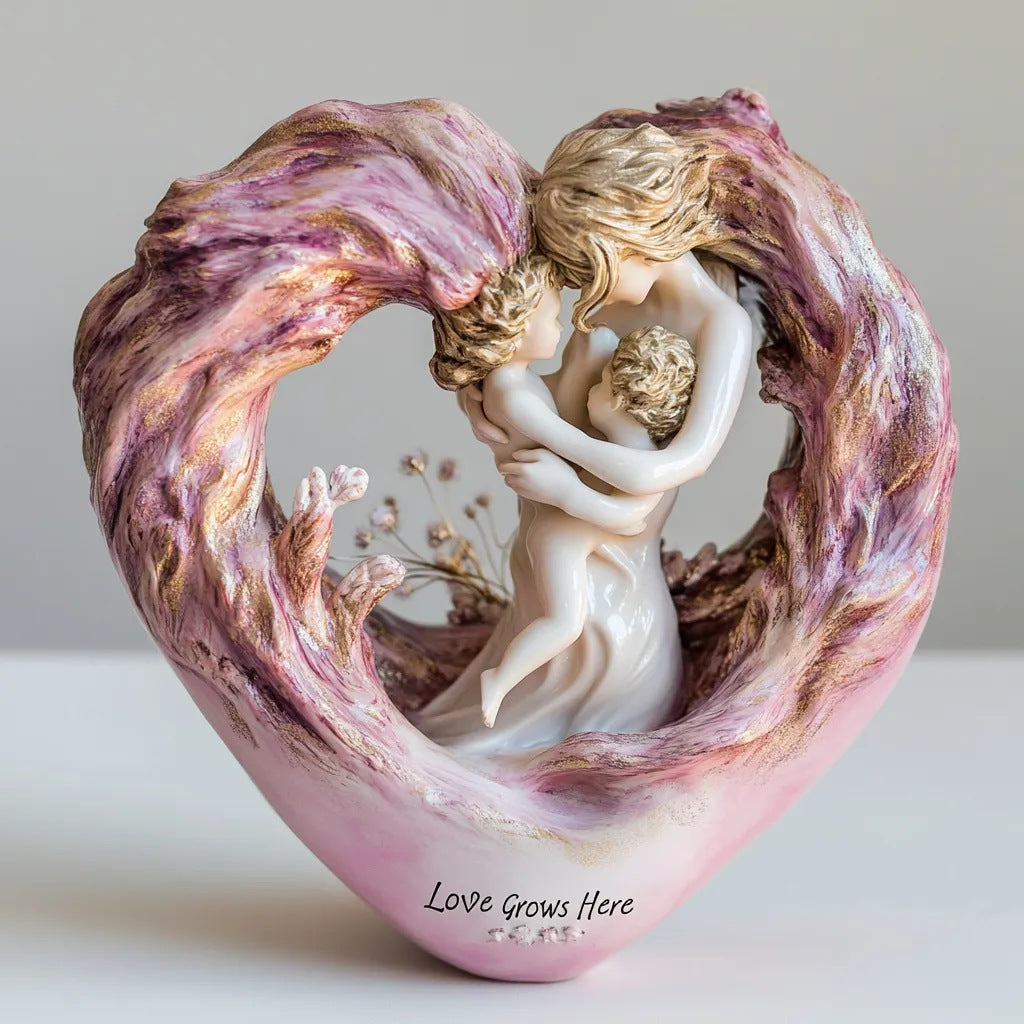 Pink Heartfelt Mother & Two Children Resin Figurine - "Love Grows Here" Decorative Home Accent Sculpture - Image 2