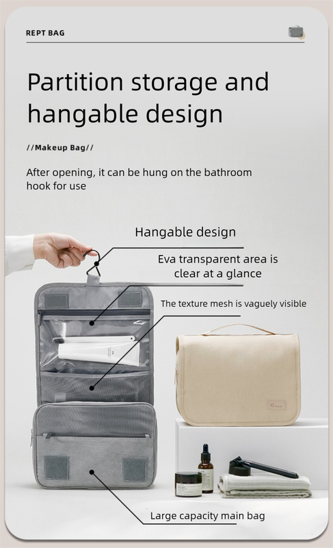 Grey Eco-Friendly RPET Hanging Toiletry Bag - Large Capacity Waterproof Travel Makeup Organizer - Image 4