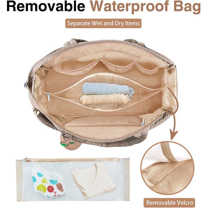 Khaki Stylish Quilted Nylon Tote Bag - Large Capacity Diaper Nappy Bag for Travel & Stroller with Adjustable Straps - Image 4
