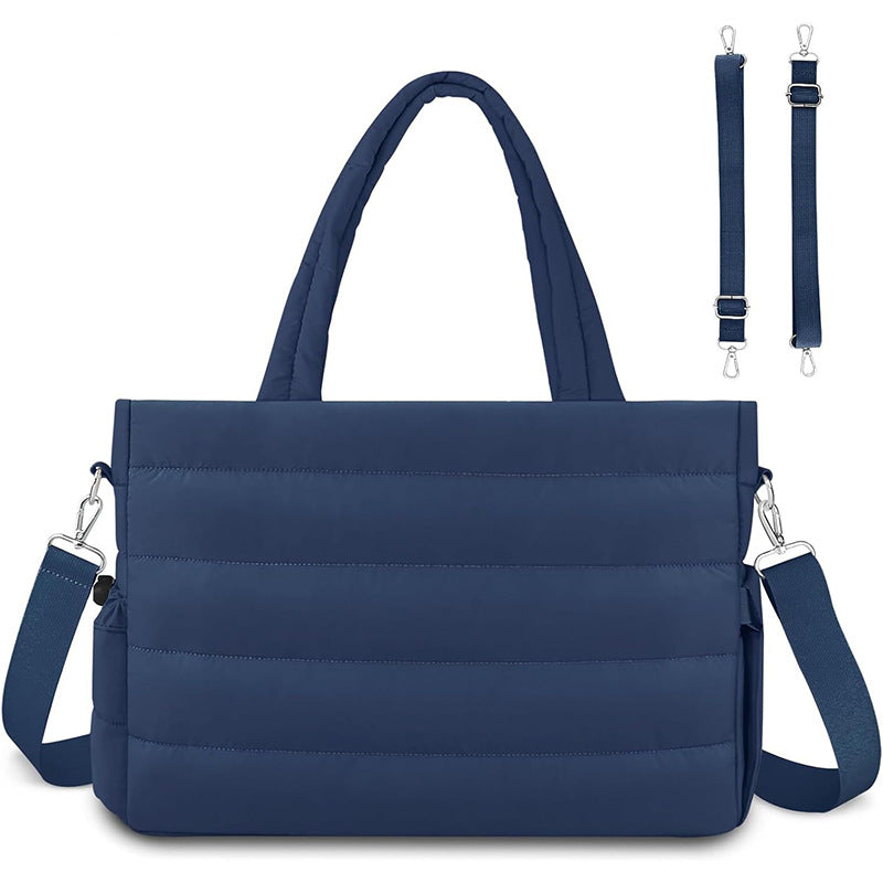 Dark Blue Stylish Quilted Nylon Tote Bag - Large Capacity Diaper Nappy Bag for Travel & Stroller with Adjustable Straps