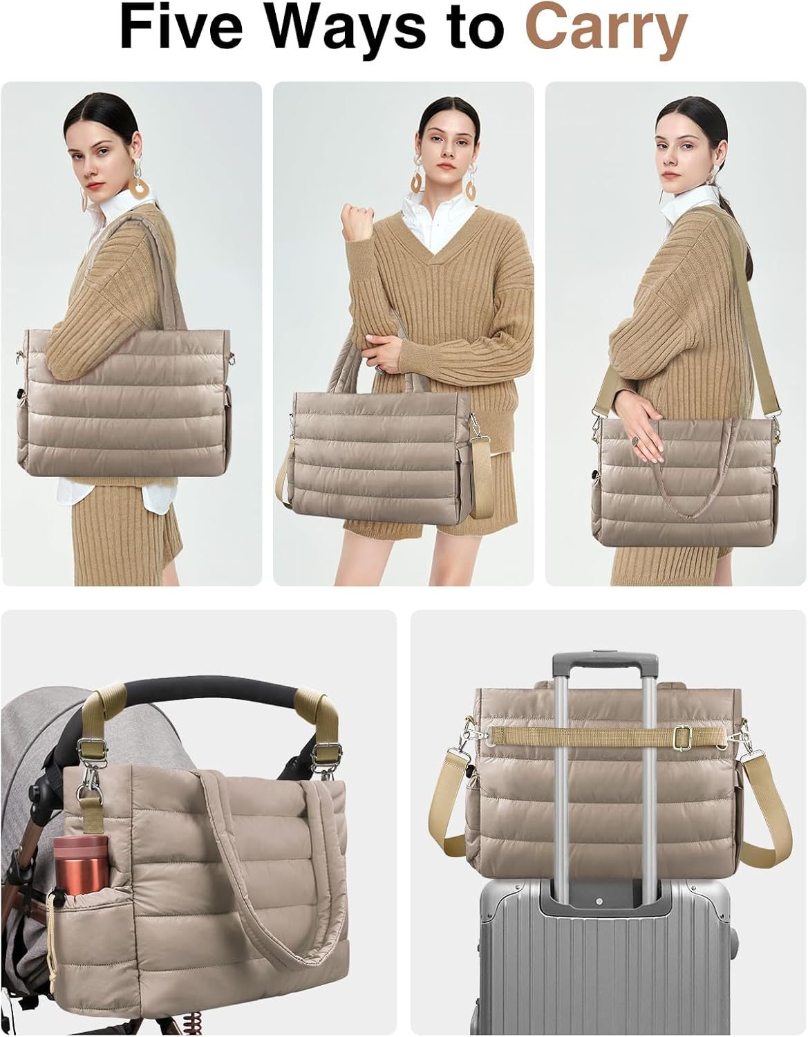 Dark Green Stylish Quilted Nylon Tote Bag - Large Capacity Diaper Nappy Bag for Travel & Stroller with Adjustable Straps - Image 5