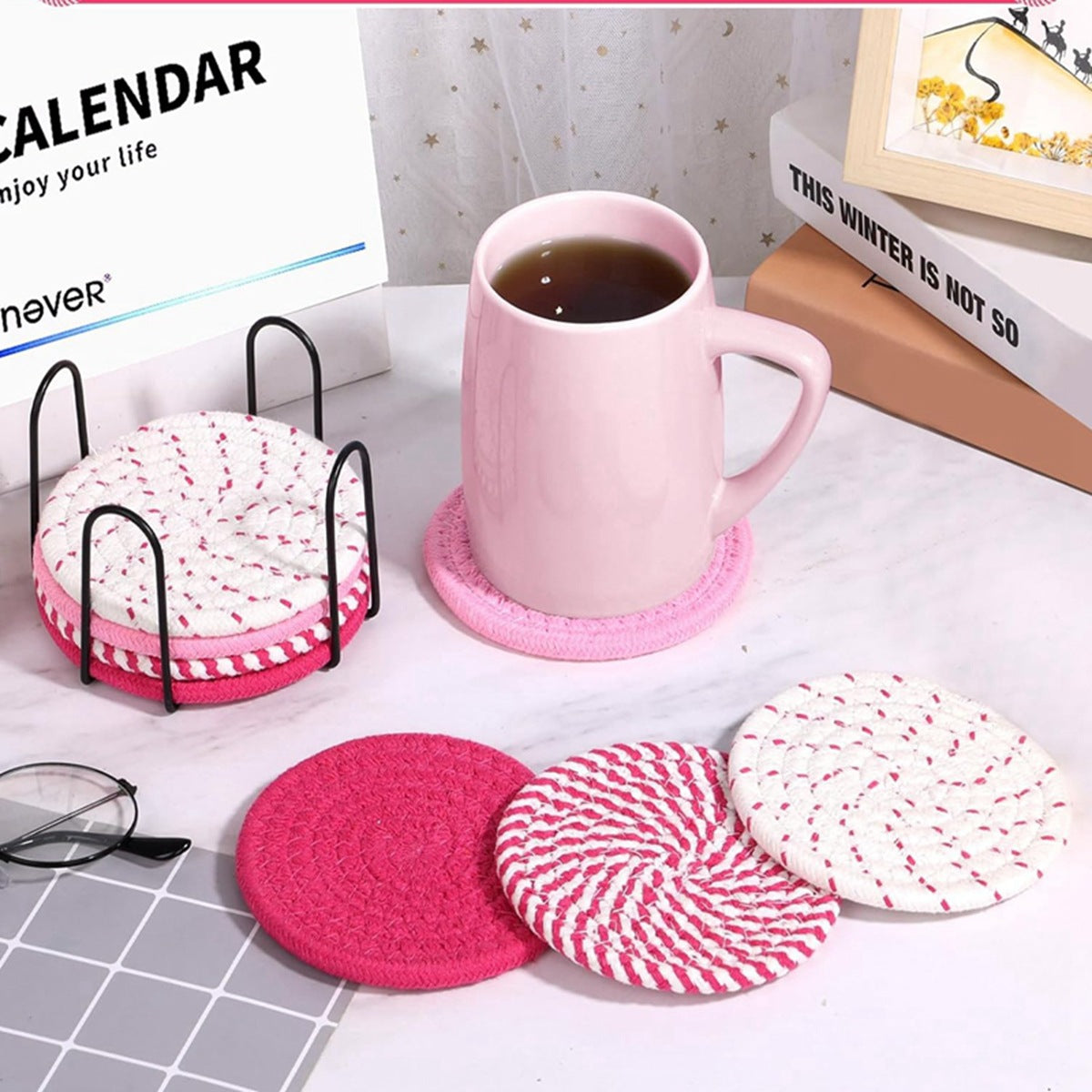 Beige and Khaki Absorbent Woven Cotton Coasters - Set of 8 with Metal Holder - Heat Resistant Drink Mats for Table Protection - Image 2