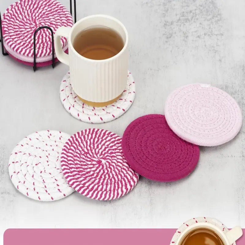 Beige and Khaki Absorbent Woven Cotton Coasters - Set of 8 with Metal Holder - Heat Resistant Drink Mats for Table Protection - Image 3