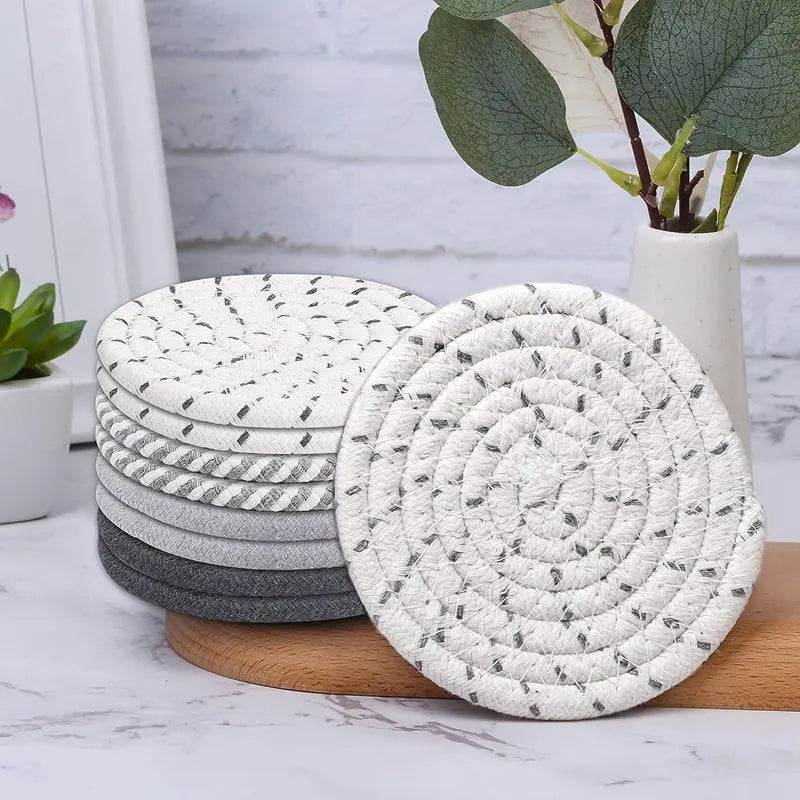 Beige and Khaki Absorbent Woven Cotton Coasters - Set of 8 with Metal Holder - Heat Resistant Drink Mats for Table Protection - Image 5