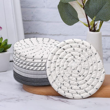 Beige and Pink Absorbent Woven Cotton Coasters - Set of 8 with Metal Holder - Heat Resistant Drink Mats for Table Protection - Image 5