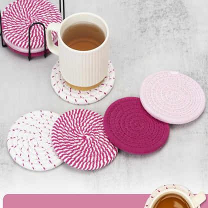Brown Absorbent Woven Cotton Coasters - Set of 8 with Metal Holder - Heat Resistant Drink Mats for Table Protection - Image 3