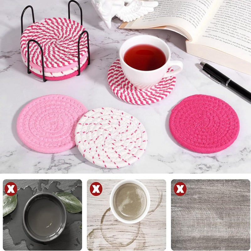 Brown Absorbent Woven Cotton Coasters - Set of 8 with Metal Holder - Heat Resistant Drink Mats for Table Protection - Image 4