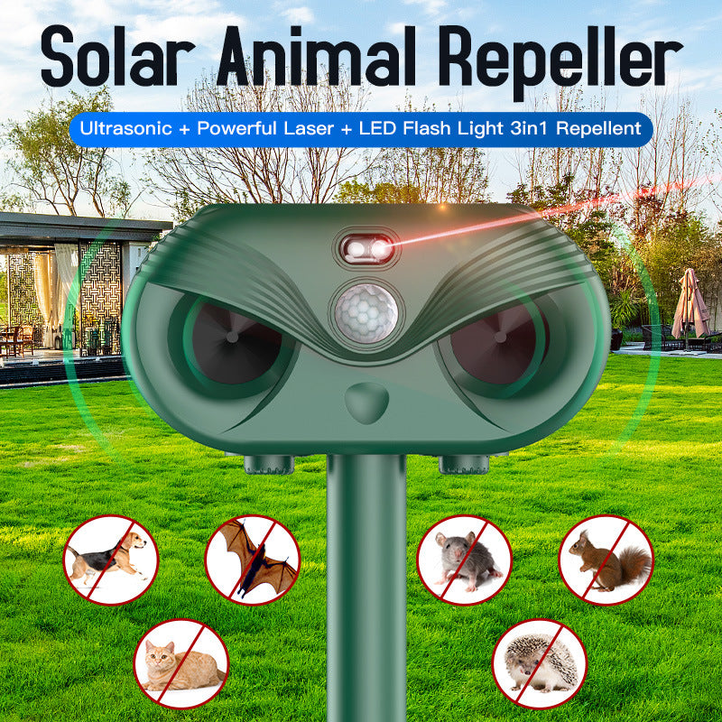 Green Advanced Solar Powered Ultrasonic Animal Repeller - Outdoor Pest Deterrent with Motion Sensor, Strobe Light & Laser - Image 2