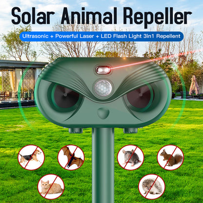 Green Advanced Solar Powered Ultrasonic Animal Repeller - Outdoor Pest Deterrent with Motion Sensor, Strobe Light & Laser - Image 2