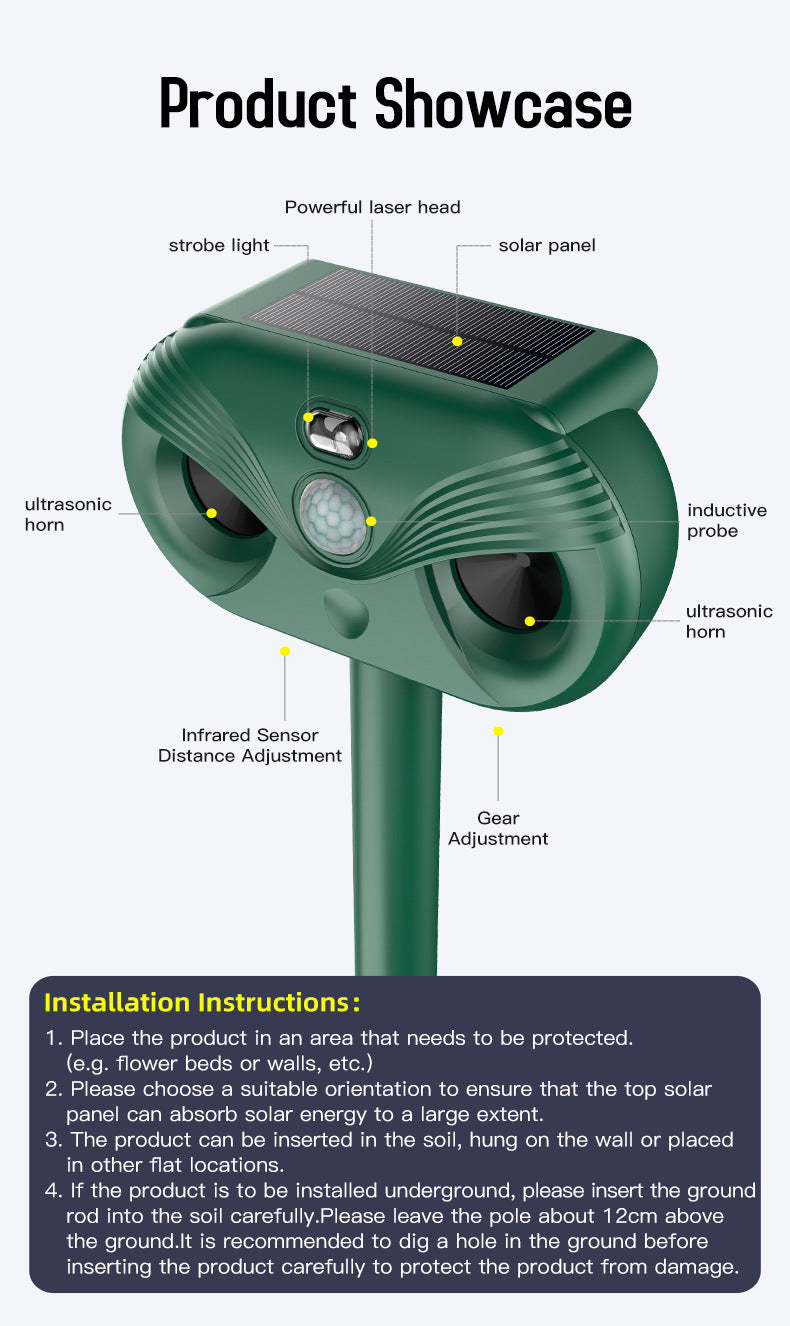 Green Advanced Solar Powered Ultrasonic Animal Repeller - Outdoor Pest Deterrent with Motion Sensor, Strobe Light & Laser - Image 7