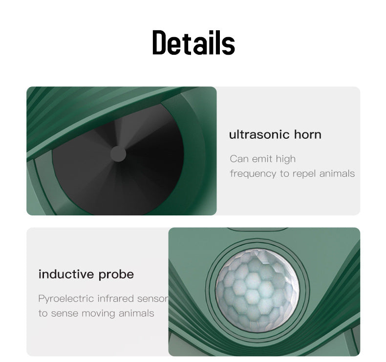 Green Advanced Solar Powered Ultrasonic Animal Repeller - Outdoor Pest Deterrent with Motion Sensor, Strobe Light & Laser - Image 8