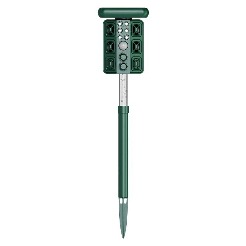 Green Solar Powered Ultrasonic Animal Repeller - Multi-Frequency Pest Deterrent with Motion Sensor, LED Strobe & Illumination Light