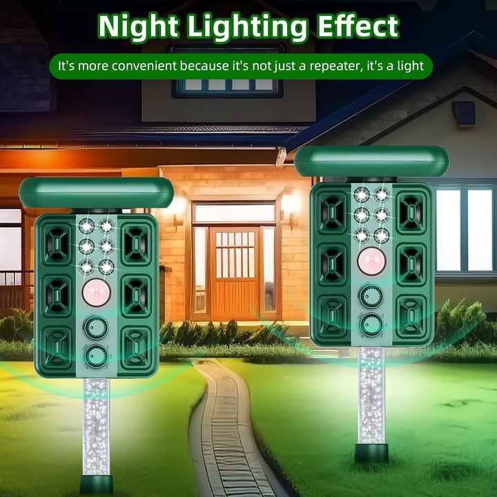 Green Solar Powered Ultrasonic Animal Repeller - Multi-Frequency Pest Deterrent with Motion Sensor, LED Strobe & Illumination Light - Image 2