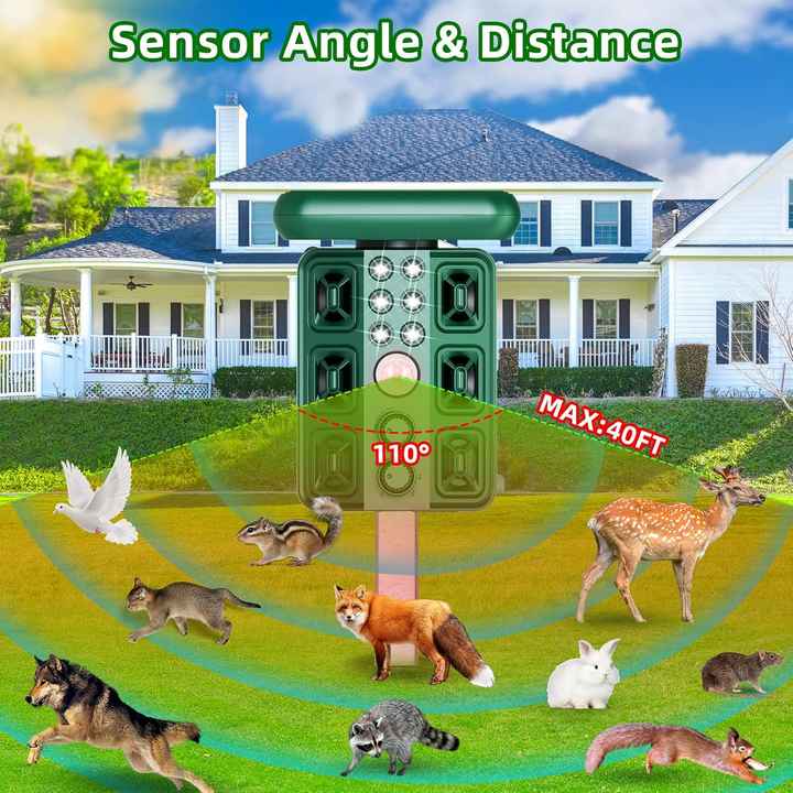 Green Solar Powered Ultrasonic Animal Repeller - Multi-Frequency Pest Deterrent with Motion Sensor, LED Strobe & Illumination Light - Image 3