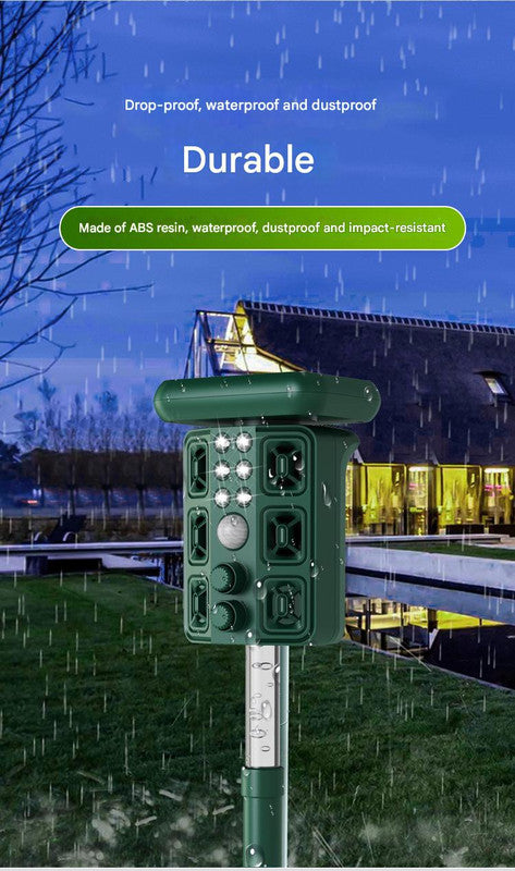 Green Solar Powered Ultrasonic Animal Repeller - Multi-Frequency Pest Deterrent with Motion Sensor, LED Strobe & Illumination Light - Image 5