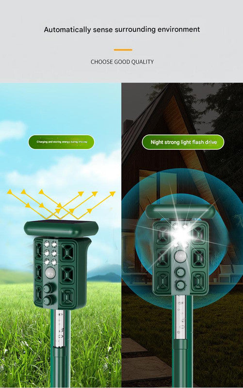 Green Solar Powered Ultrasonic Animal Repeller - Multi-Frequency Pest Deterrent with Motion Sensor, LED Strobe & Illumination Light - Image 6