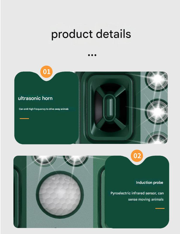 Green Solar Powered Ultrasonic Animal Repeller - Multi-Frequency Pest Deterrent with Motion Sensor, LED Strobe & Illumination Light - Image 7