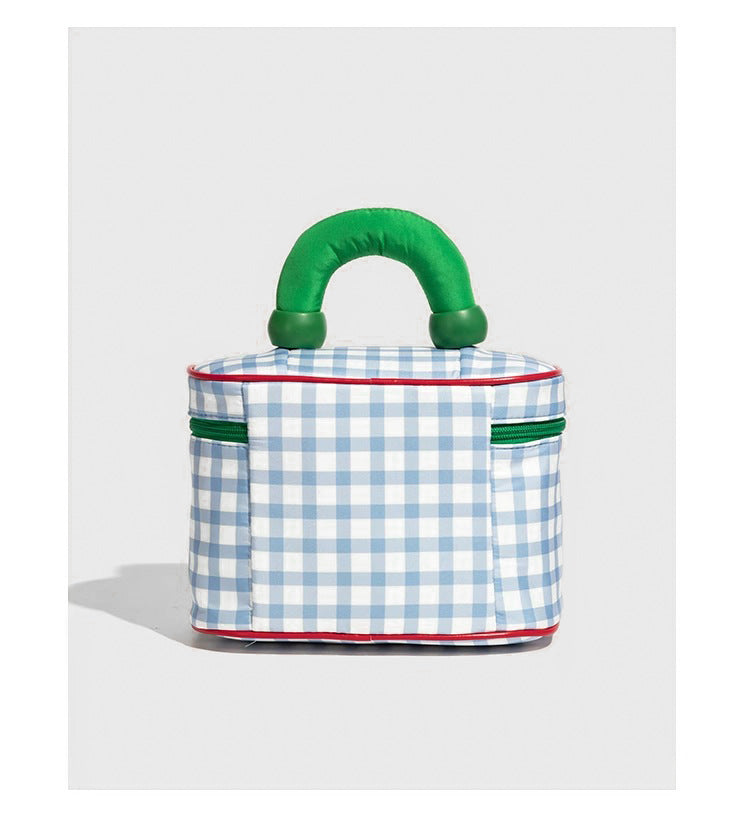Blue And Green Chic Gingham Plaid Cosmetic Bag - Large Capacity Portable Travel Toiletry Organizer, Water-Resistant - Image 3