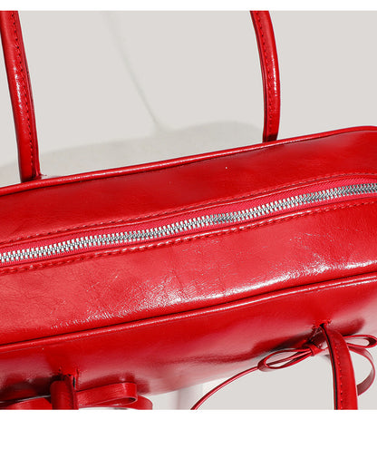 Red Chic PU Leather Baguette Shoulder Bag - Elegant Bow Accent Underarm Handbag for Women - Image 9