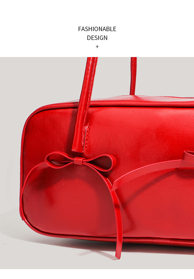 Black Chic PU Leather Baguette Shoulder Bag - Elegant Bow Accent Underarm Handbag for Women - Image 4