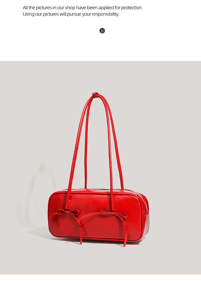 Black Chic PU Leather Baguette Shoulder Bag - Elegant Bow Accent Underarm Handbag for Women - Image 5