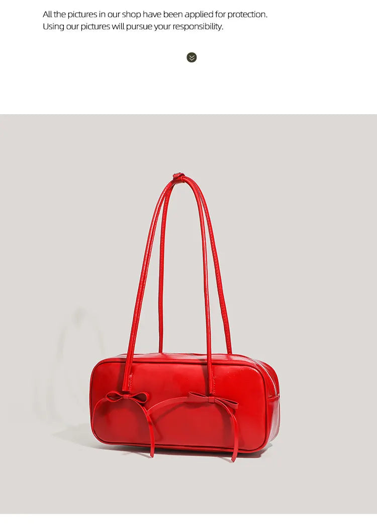Black Chic PU Leather Baguette Shoulder Bag - Elegant Bow Accent Underarm Handbag for Women - Image 5