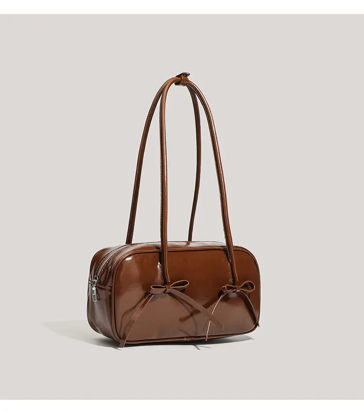 Coffee Chic PU Leather Baguette Shoulder Bag - Elegant Bow Accent Underarm Handbag for Women