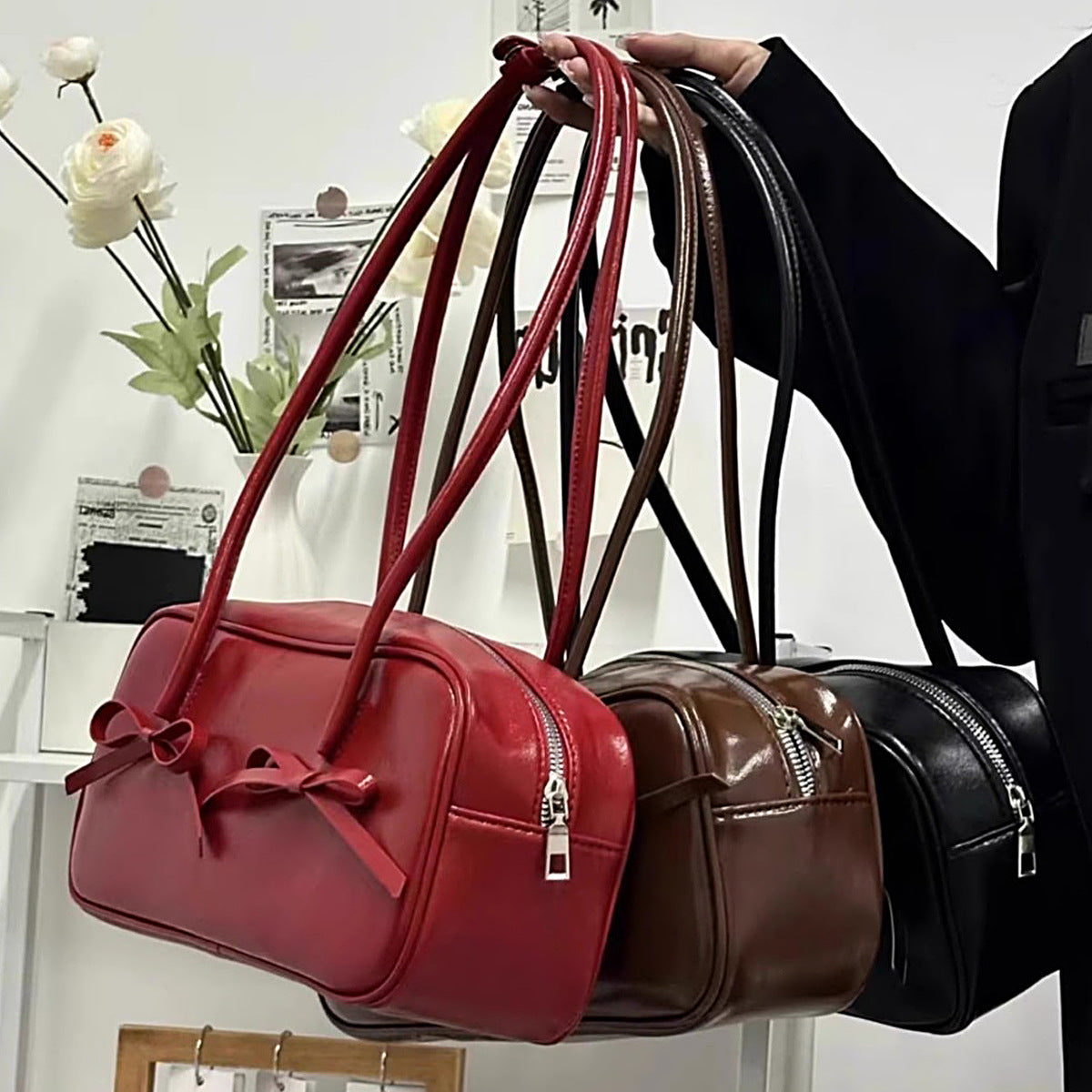 Coffee Chic PU Leather Baguette Shoulder Bag - Elegant Bow Accent Underarm Handbag for Women - Image 2