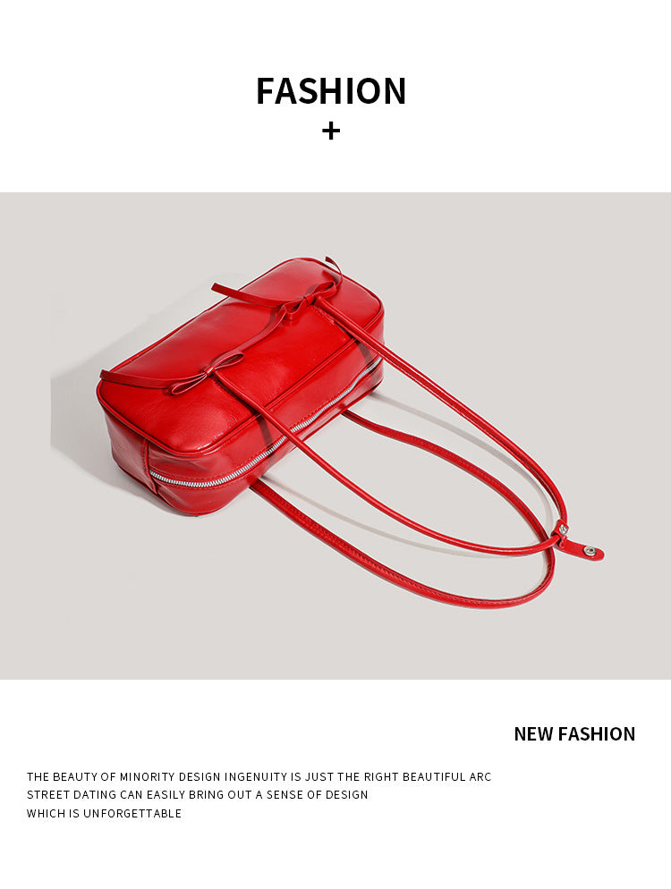 Coffee Chic PU Leather Baguette Shoulder Bag - Elegant Bow Accent Underarm Handbag for Women - Image 3