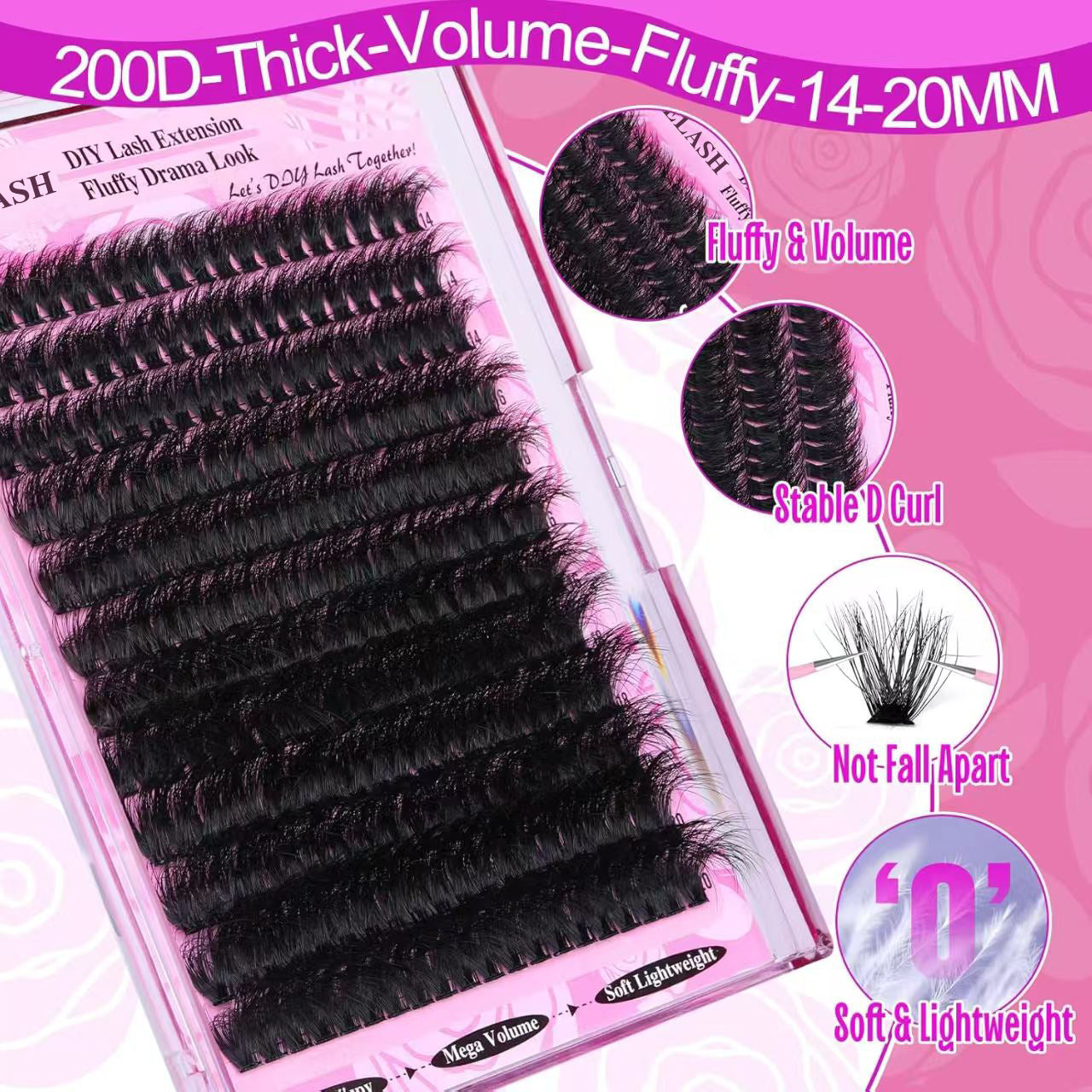 3 Pcs Black Mega Volume 200D DIY Lash Clusters - D Curl Faux Mink, Fluffy Drama Look, Mixed Lengths (14-20mm) for Custom Extensions - Image 2