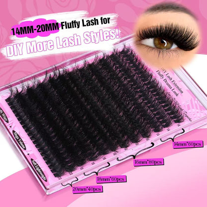 3 Pcs Black Mega Volume 200D DIY Lash Clusters - D Curl Faux Mink, Fluffy Drama Look, Mixed Lengths (14-20mm) for Custom Extensions - Image 3
