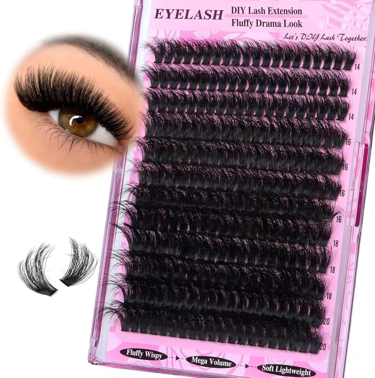 3 Pcs Black Mega Volume 200D DIY Lash Clusters - D Curl Faux Mink, Fluffy Drama Look, Mixed Lengths (14-20mm) for Custom Extensions - Image 4