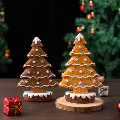 2 Pcs (1 Yellow + 1 Brown) Charming Gingerbread Christmas Tree Figurine - Festive Resin Holiday Table Decor Ornament - Image 2