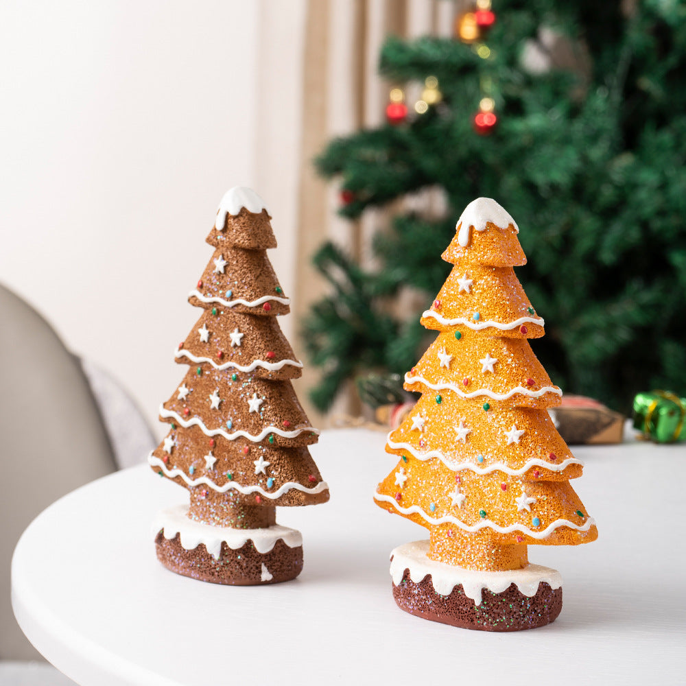 2 Pcs (1 Yellow + 1 Brown) Charming Gingerbread Christmas Tree Figurine - Festive Resin Holiday Table Decor Ornament - Image 8