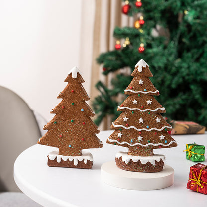 2 Pcs (1 Yellow + 1 Brown) Charming Gingerbread Christmas Tree Figurine - Festive Resin Holiday Table Decor Ornament - Image 9