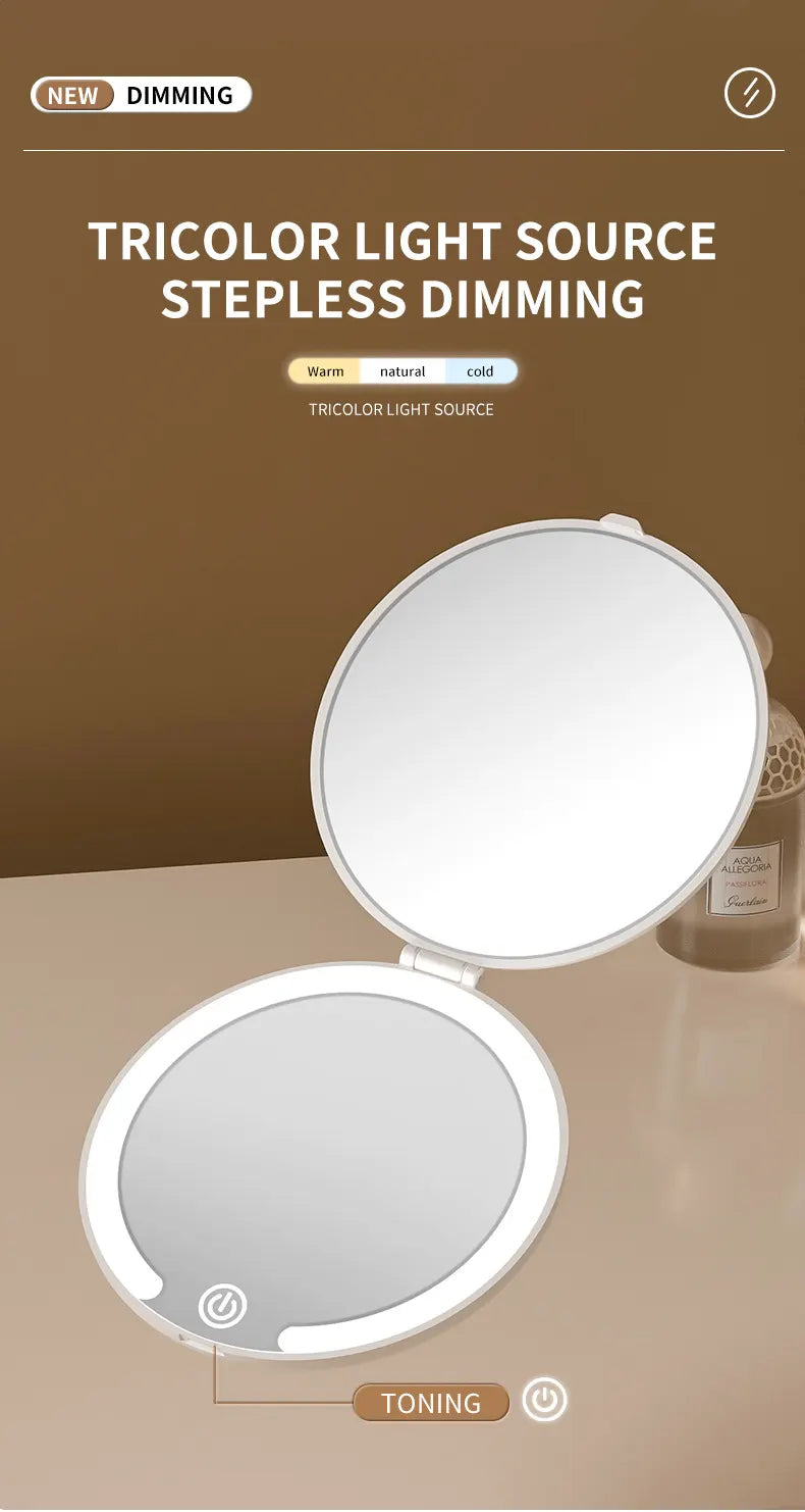 White LED Travel Makeup Mirror - Rechargeable Compact Mirror with 3 Color Lights, 1x/5x Magnification & Smart Auto On/Off - Image 5