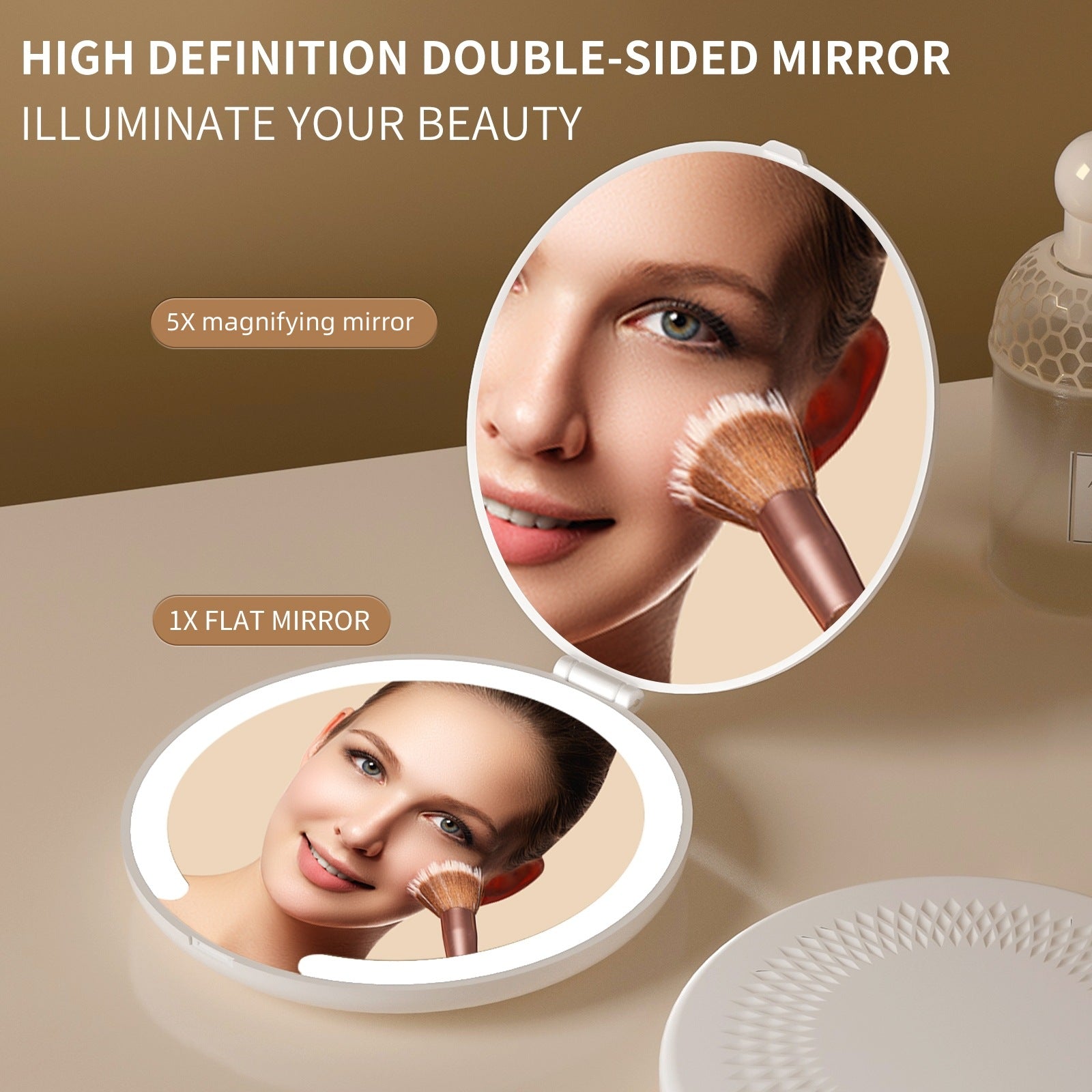 Yellow LED Travel Makeup Mirror - Rechargeable Compact Mirror with 3 Color Lights, 1x/5x Magnification & Smart Auto On/Off - Image 3
