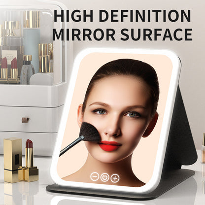 White Large Foldable LED Makeup Mirror - Portable Desktop Vanity with 3 Color Lights, Stepless Dimming & Adjustable Stand - Image 2