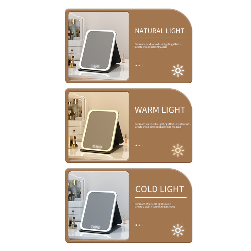 White Large Foldable LED Makeup Mirror - Portable Desktop Vanity with 3 Color Lights, Stepless Dimming & Adjustable Stand - Image 4