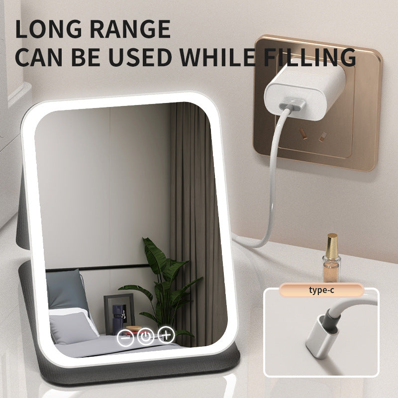 White Small Foldable LED Makeup Mirror - Portable Desktop Vanity with 3 Color Lights, Stepless Dimming & Adjustable Stand - Image 3