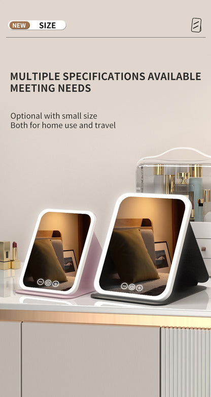 White Small Foldable LED Makeup Mirror - Portable Desktop Vanity with 3 Color Lights, Stepless Dimming & Adjustable Stand - Image 7