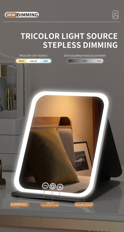 Black Small Foldable LED Makeup Mirror - Portable Desktop Vanity with 3 Color Lights, Stepless Dimming & Adjustable Stand - Image 5
