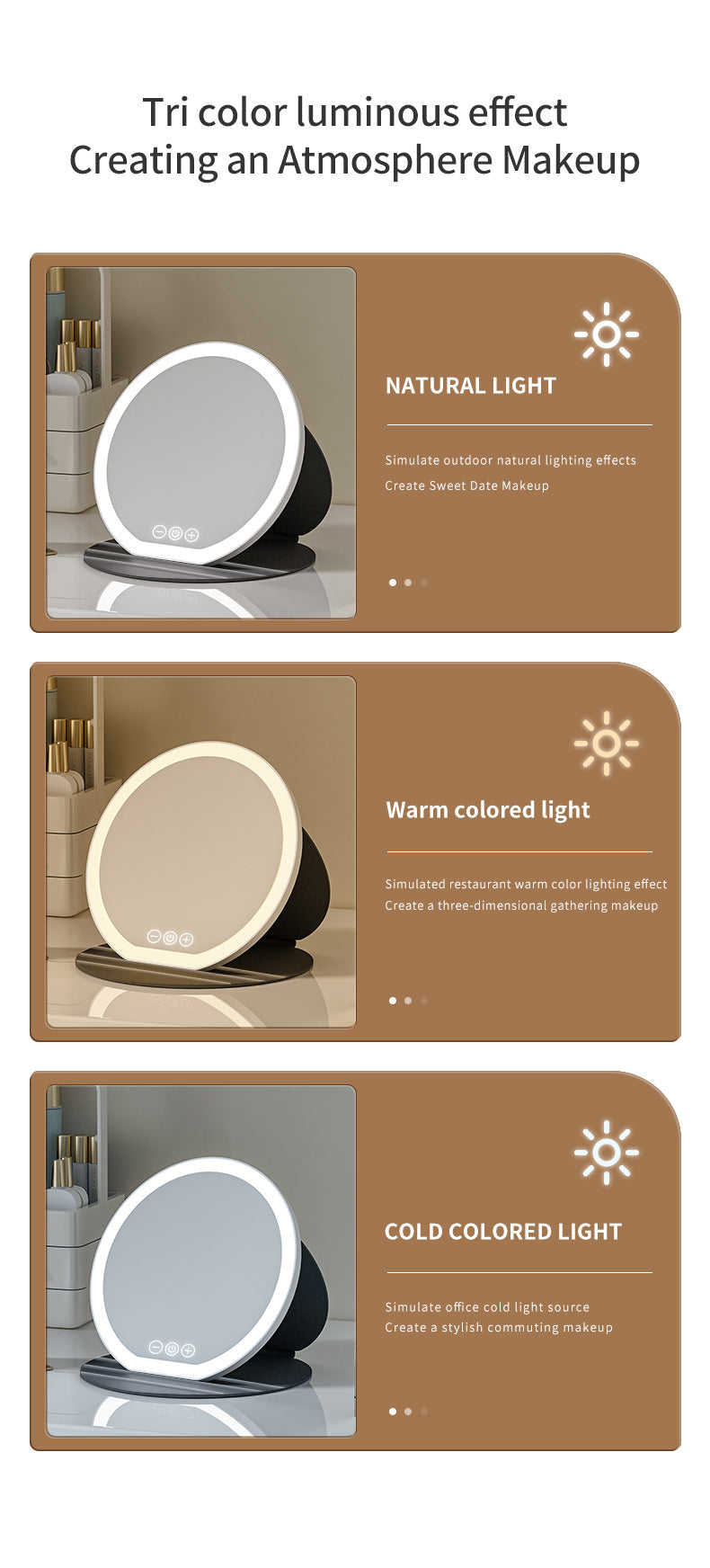 Black Large Round Foldable LED Makeup Mirror - 22cm Desktop Vanity with 3 Color Lights & Stepless Dimming - Image 6